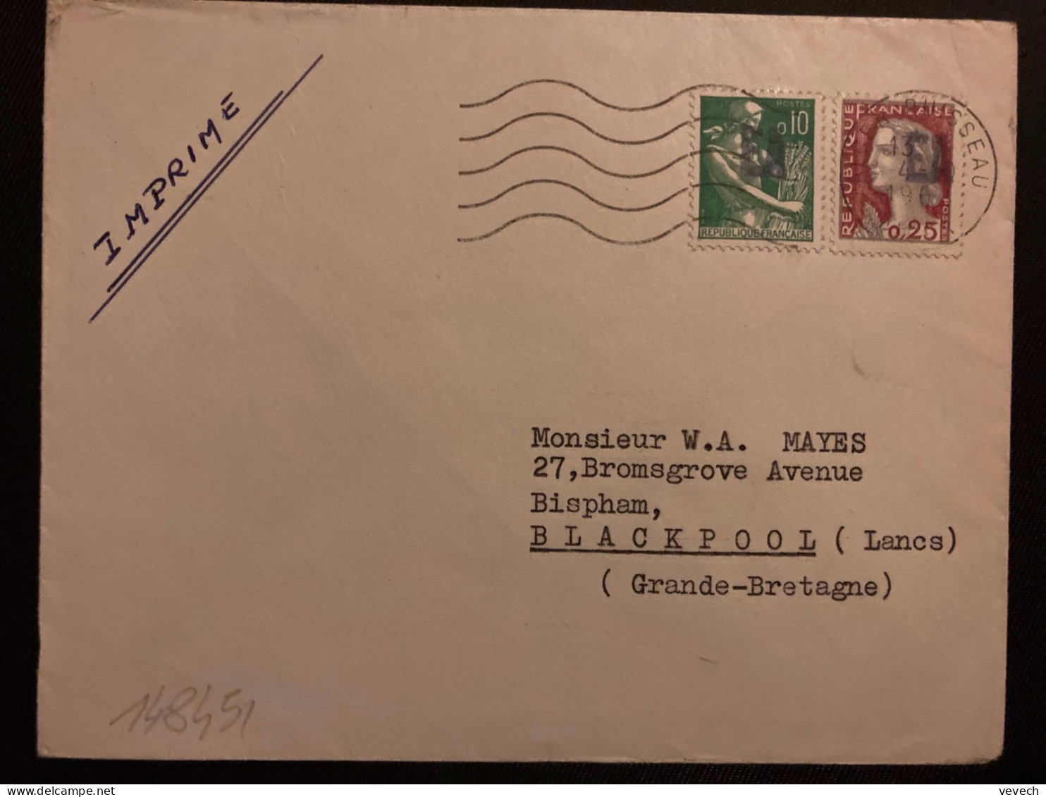 LETTRE (IMPRIMES) Pour La GRANDE BRETAGNE TP M DE DECARIS 0,25 + PAYSANNE 0,10 Surch.EA OBL.MEC.4-10 1961 ALGER RUSSEAU - Brieven En Documenten