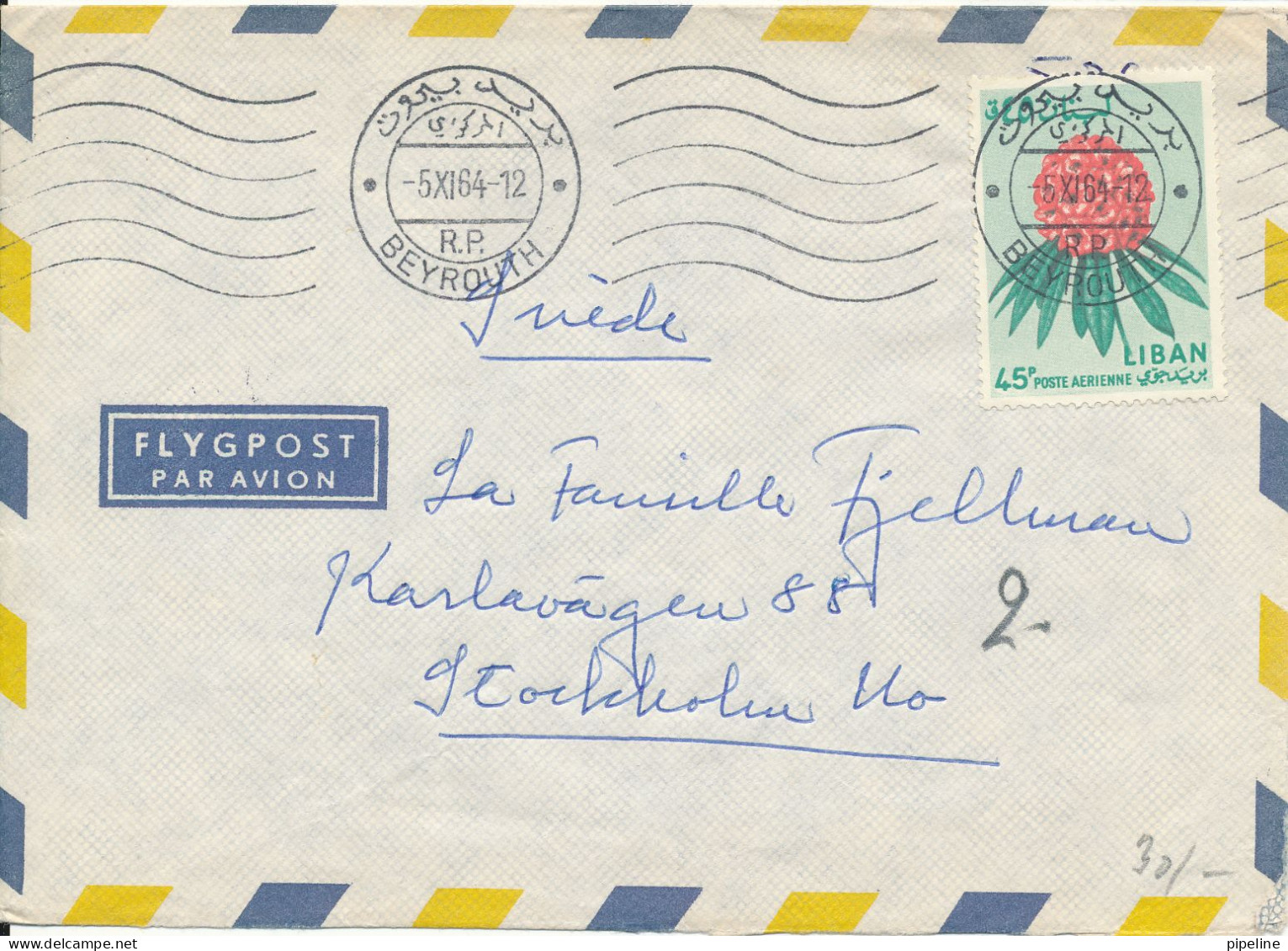 Lebanon Air Mail Cover Sent To Sweden 5-11-1964 Single Franked - Liban