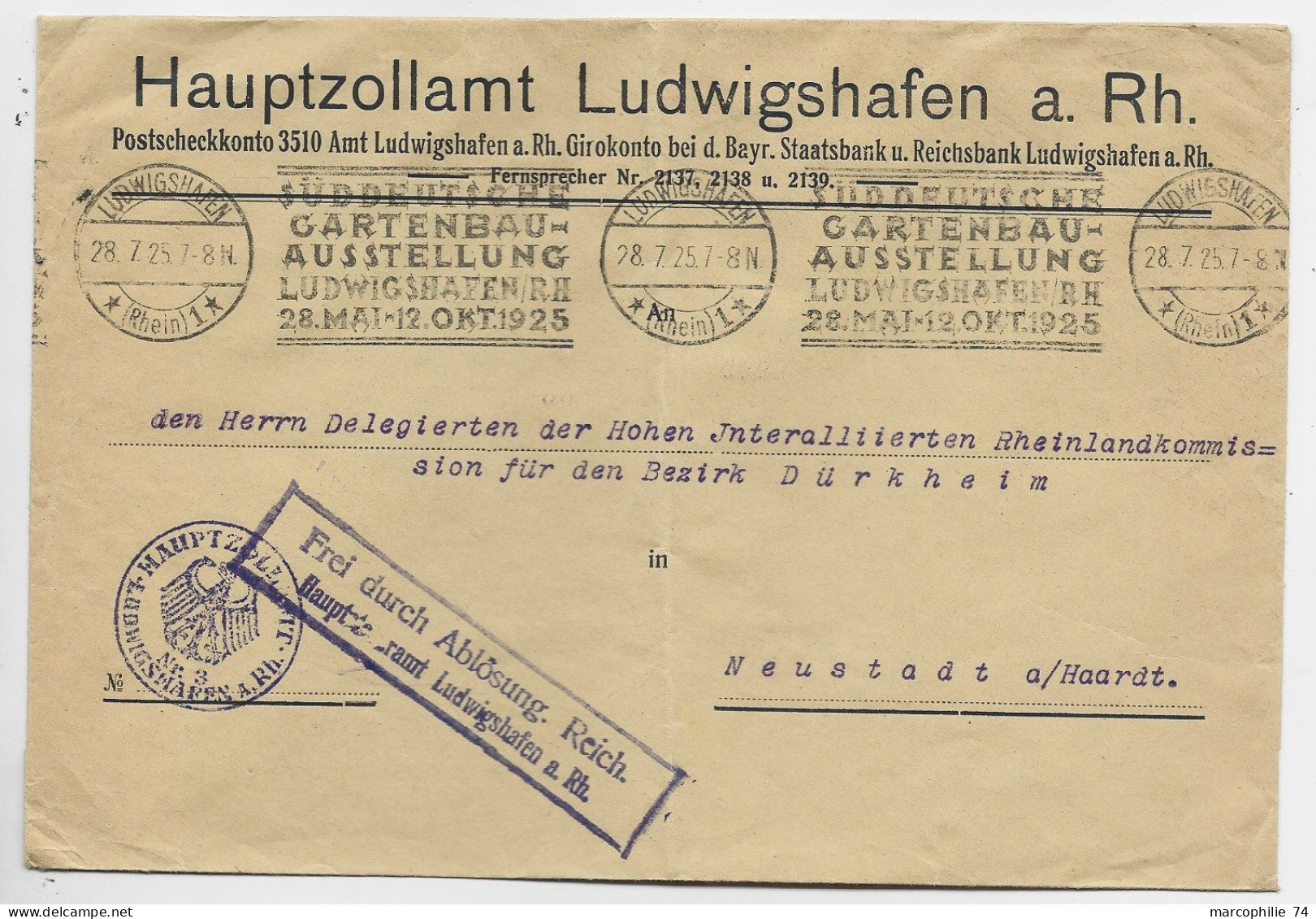 GERMANY LETTRE COVER BRIEF FREI DURCH MECANIQUE SUDDEUTICHE CARTENBAU LUDWIGSHAFEN 28.7.1925 TO NEUSTADT - Briefe U. Dokumente