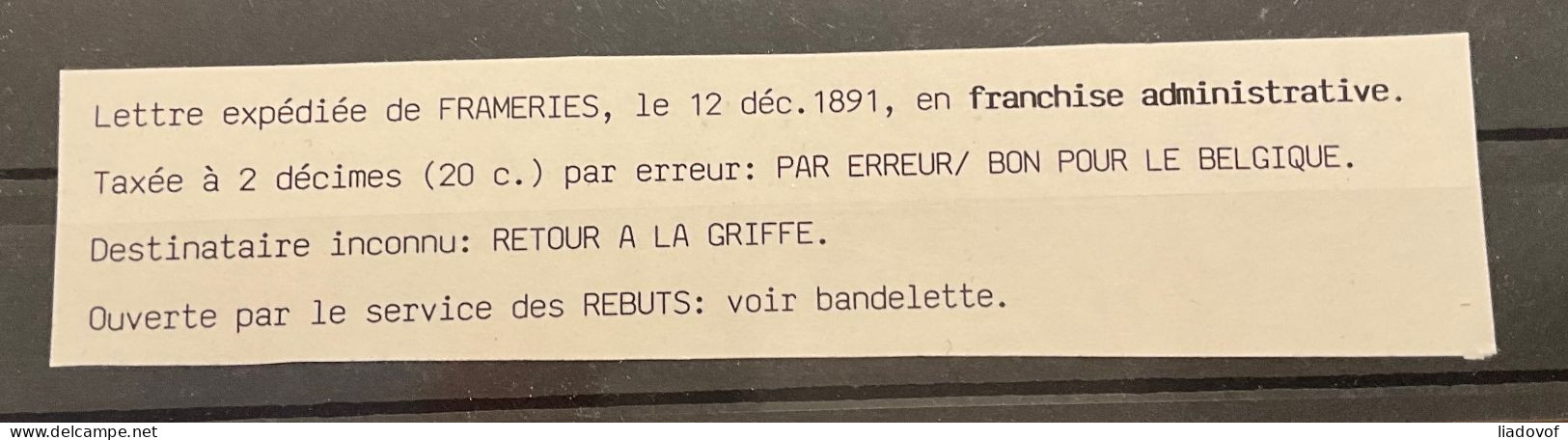 Lettre Administrative 1891 - Annotations-étiquette - Taxée 2 Décimes Par Erreur "Par Erreur / Bon Pour La Belgique" RRR - 1884-1891 Léopold II