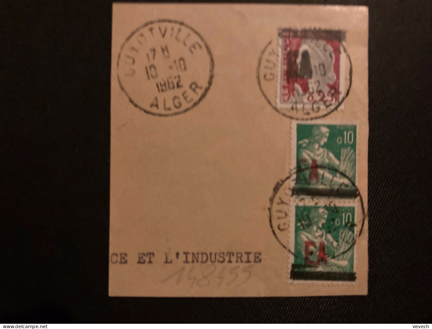 FRAGMENT TP M DE DECARIS 0,25 Surch.EA  + PAYSANNE 0,10 Surch.EA X2 OBL.10-10 1962 GUYOTVILLE ALGER - Briefe U. Dokumente