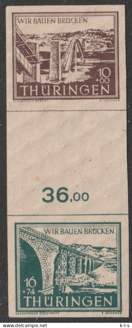 SBZ- Thüringen 1945, Zusammendruck: Mi. Nr. S Zd 1y, 112/Z/114, Wiederaufbau Zerstörter Brücken In Thüringen, Spargummi - Mint