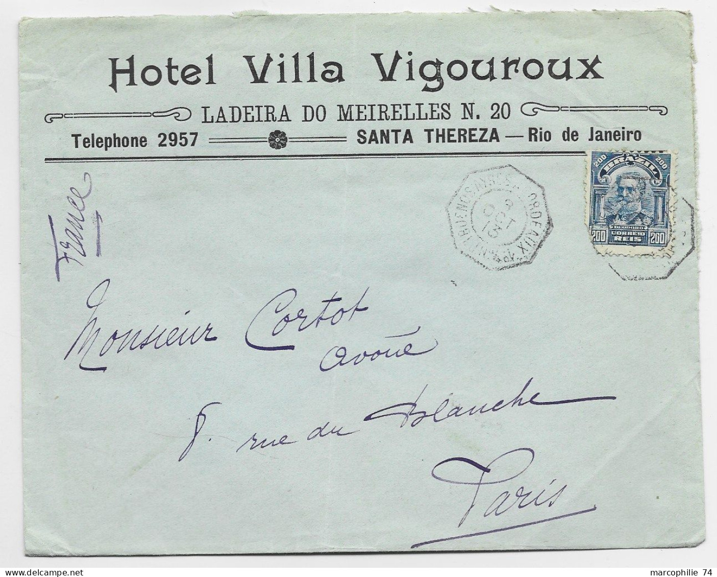 BRESIL BRASIL 200 REIS DEFAUT LETTRE COVER HOTEL VILLA VIGOUROUX RIO C. MARITIME BUENOS AIRES A BORDEAUX 1° 1913 - Schiffspost