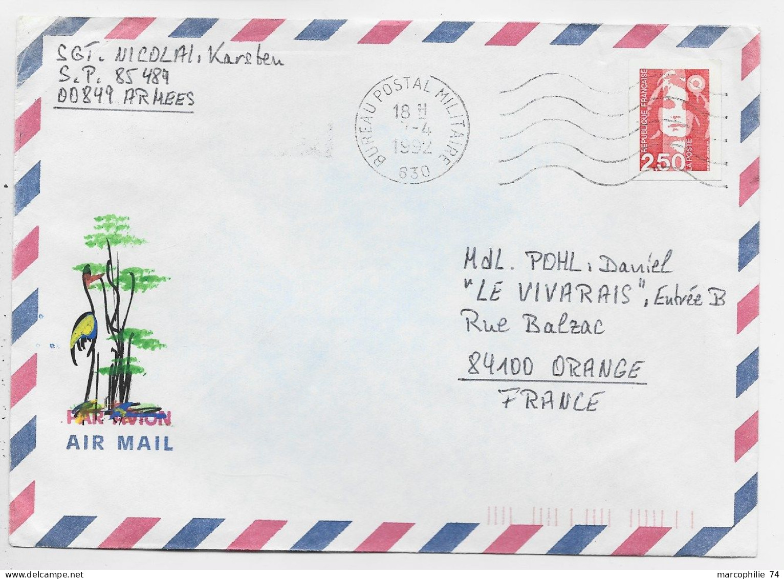 BRIAT 2FR50 LETTRE AVION MEC SECAP BUREAU POSTAL MILITAIRE 7.4.1992 830 - 1989-1996 Marianne (Zweihunderjahrfeier)