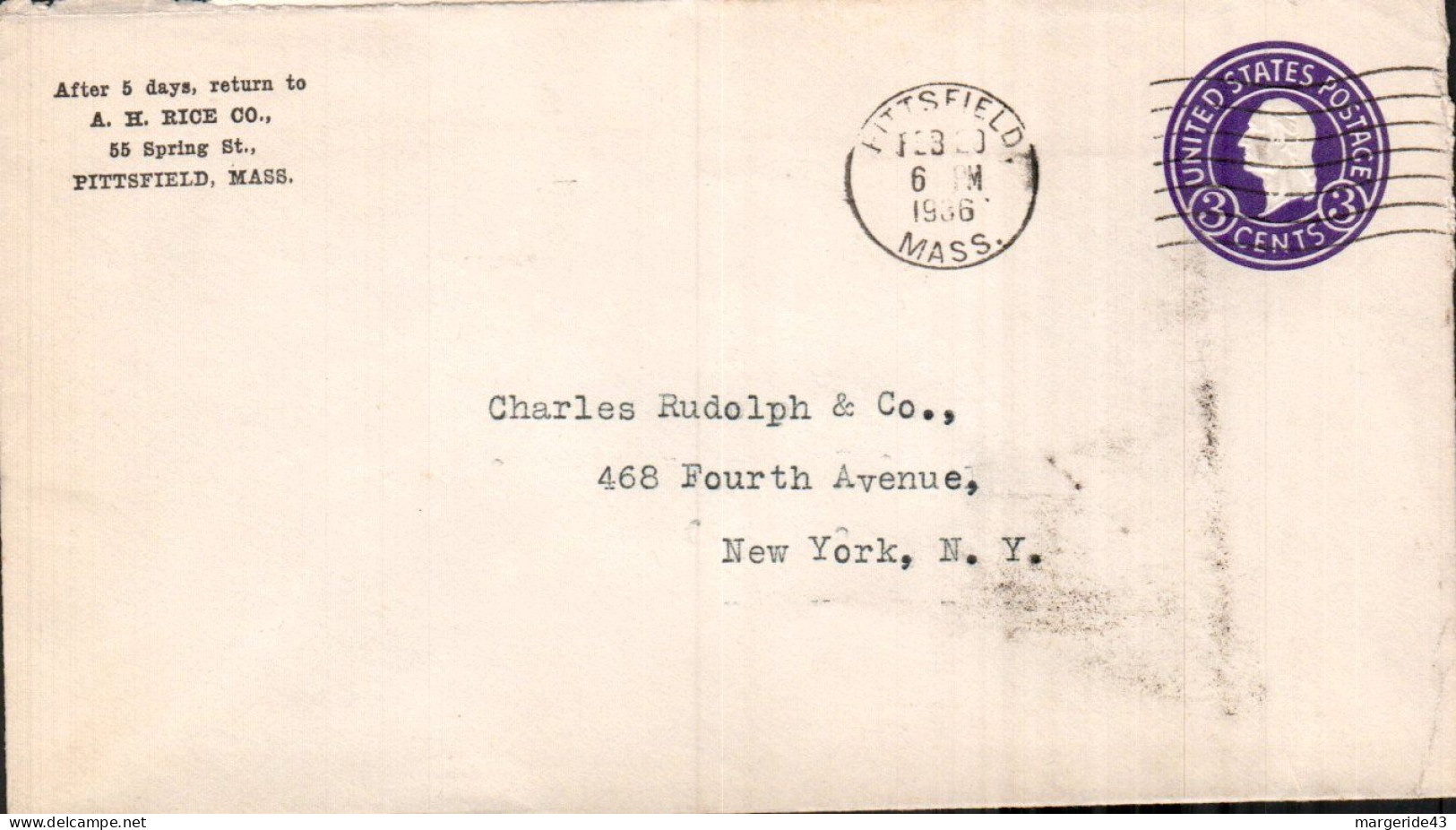 USA ETATS UNIS ENTIER LETTRE DE PITTSFIELD 1986 - Lettres & Documents