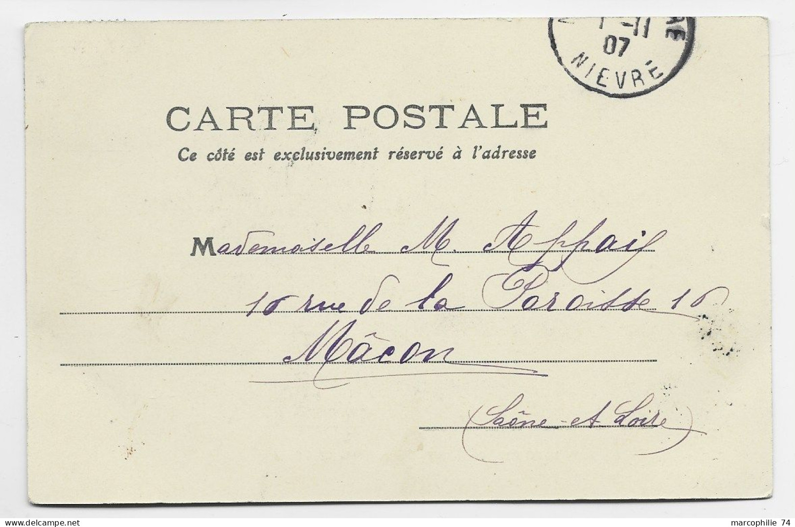 SEMEUSE 5C AU RECTO CARTE TIMBRE A DATE ENTREPOT DE CERGY LA TOUR 1 NOV 1907 NIEVRE RARE - Railway Post