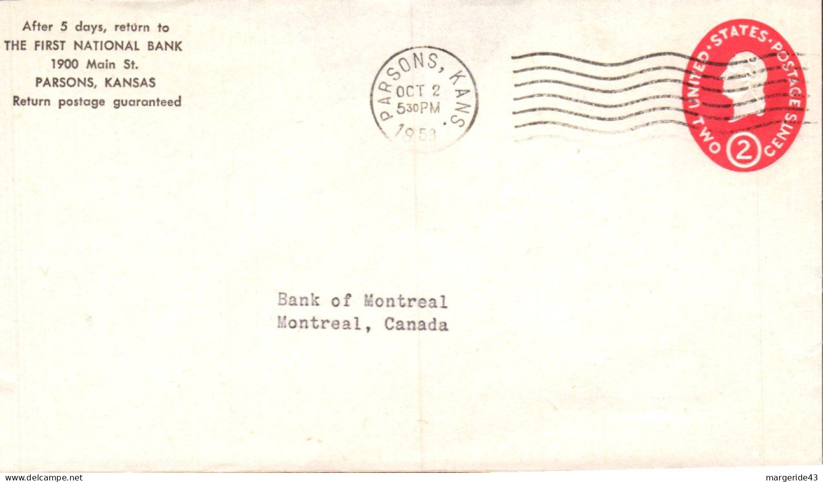 USA ETATS UNIS ENTIER LETTRE DE PARSONS 1958 - Storia Postale