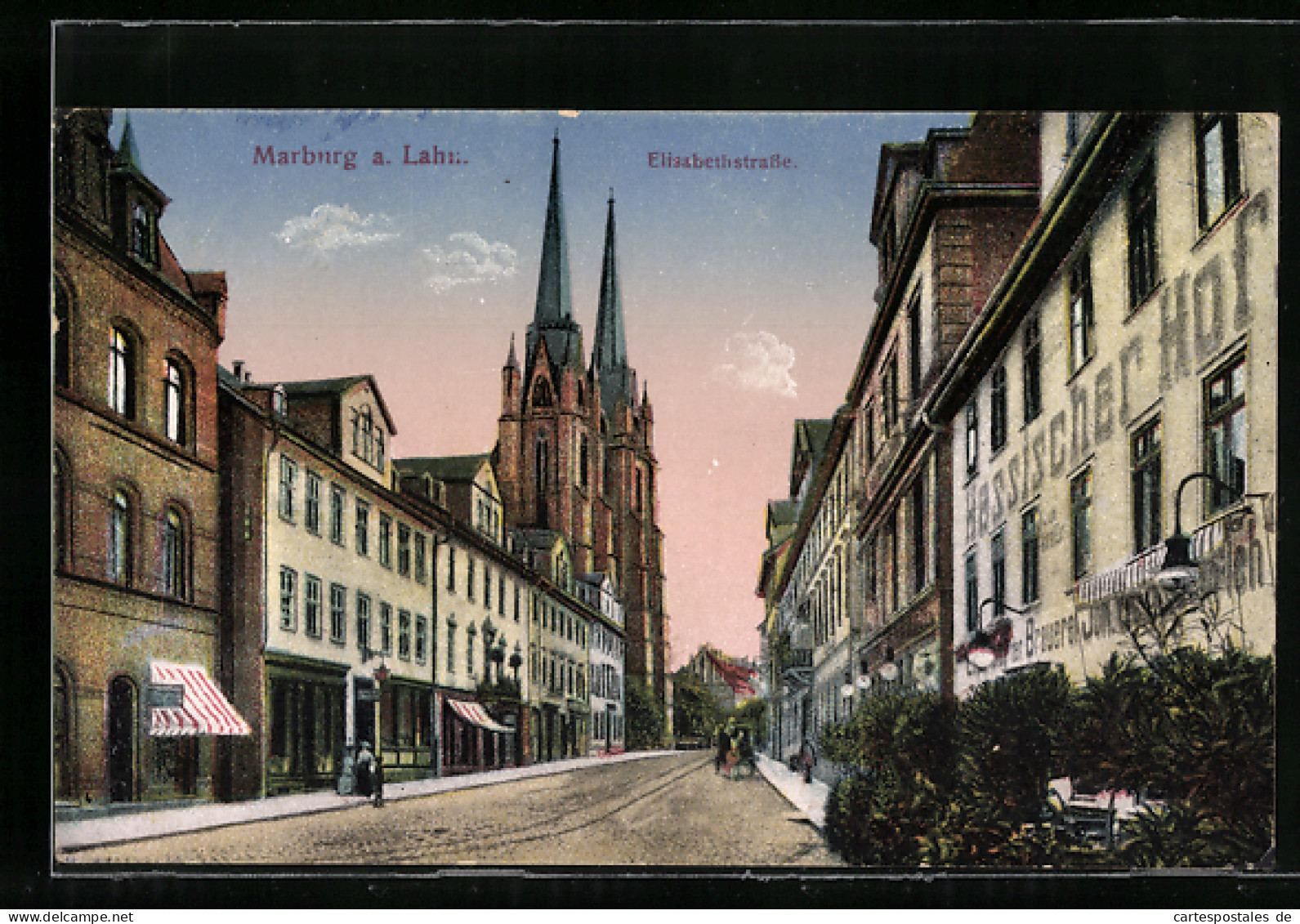 AK Marburg /Lahn, Partie In Der Elisabethstrasse Mit Gasthaus Hessischer Hof Und Kirche  - Marburg