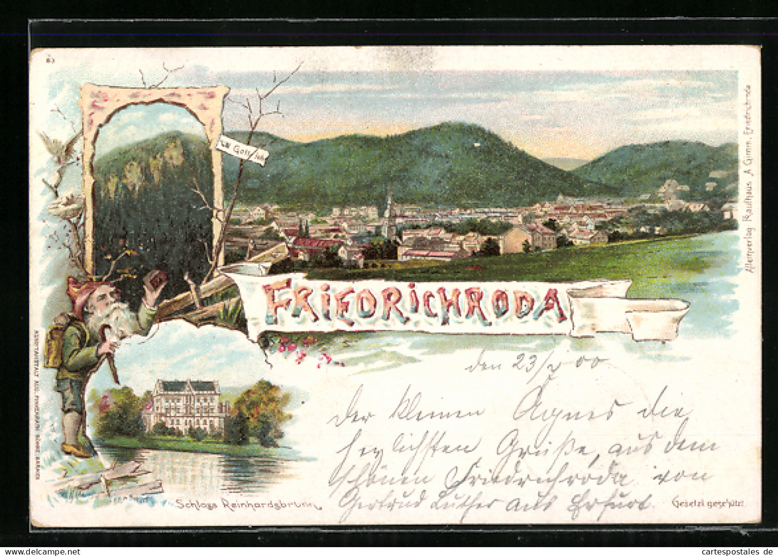Lithographie Friedrichroda, Teilansicht, Schloss Reinhardsbrunn, Ortspartie  - Friedrichroda