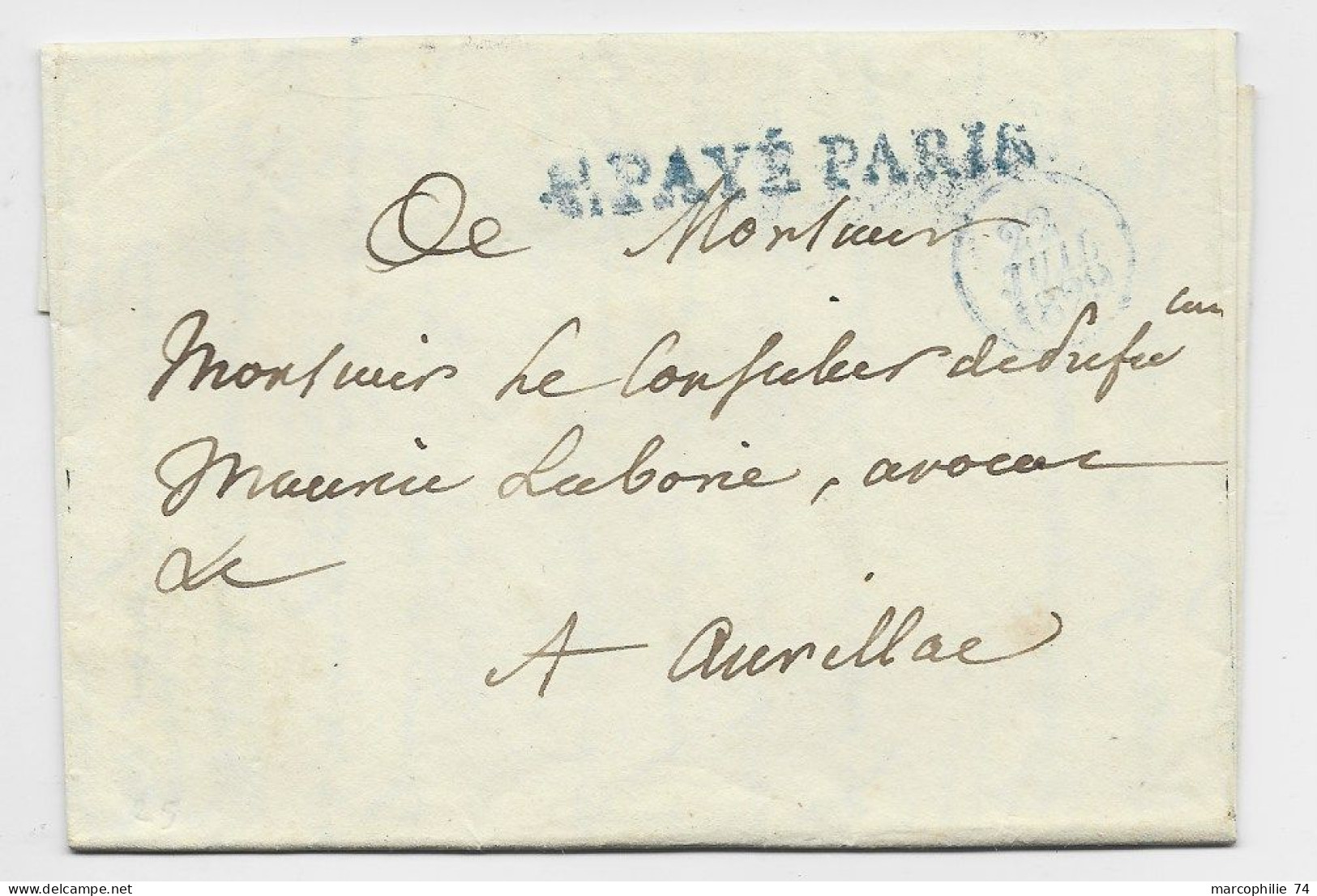MARQUE BLEUE P  PAYE PARIS 1829 LETTRE POUR AURILLAC CANTAL - 1801-1848: Vorläufer XIX