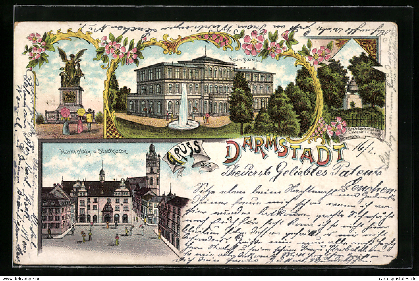 Lithographie Darmstadt, Kriegerdenkmal, Neues Palais, Markt Mit Stadtkirche  - Darmstadt