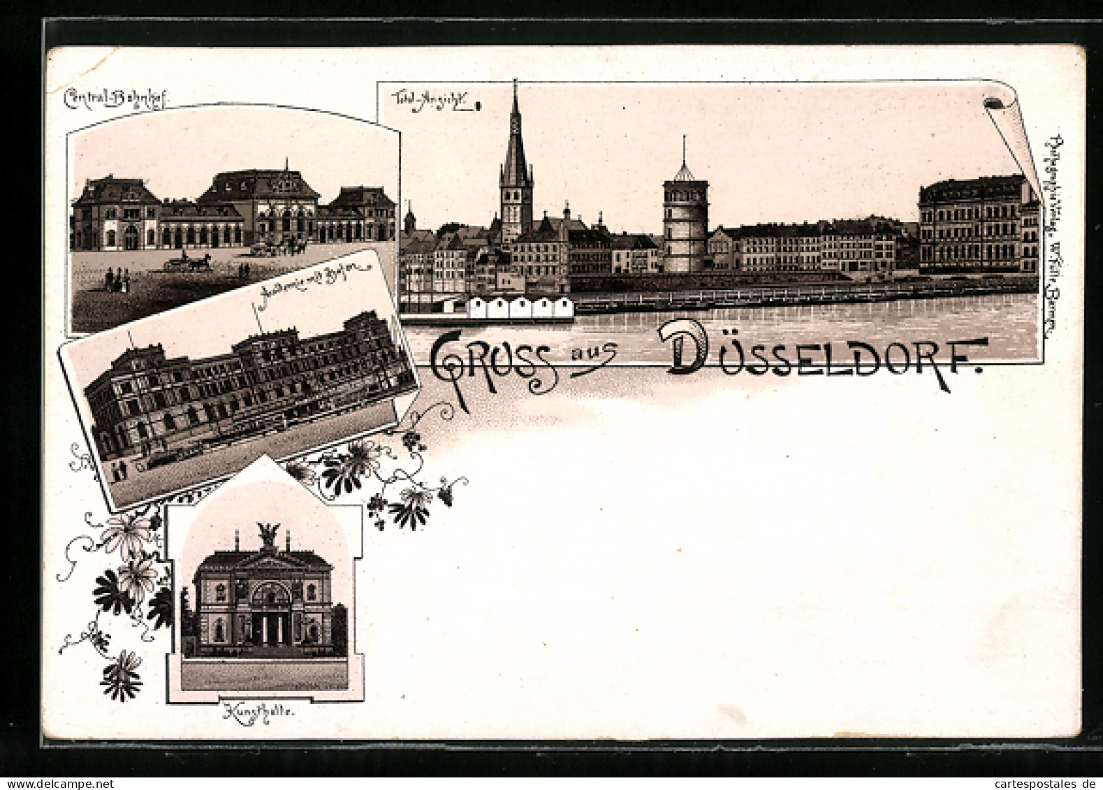 Lithographie Düsseldorf, Totalansicht, Central-Bahnhof & Akademie Mit Hafen  - Duesseldorf