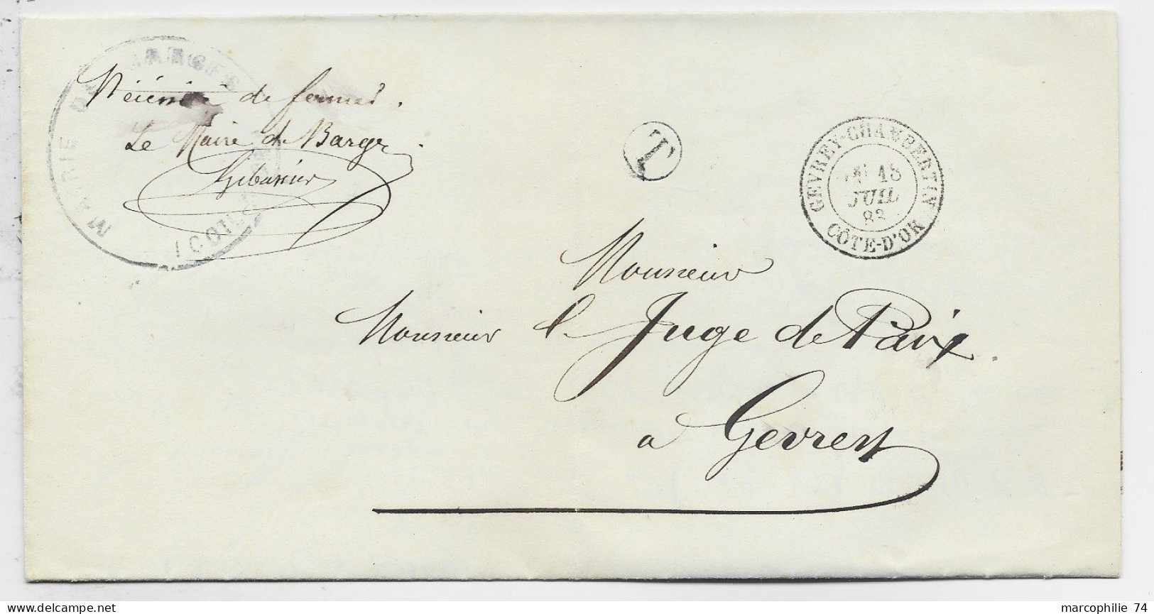 COTE D'OR TYPE 18 GEVREY CHAMBERTIN 18 JUIL 1883 LETTRE FRANCHSIE LE MAIRE  + BOITE T BARGES - 1877-1920: Semi-Moderne