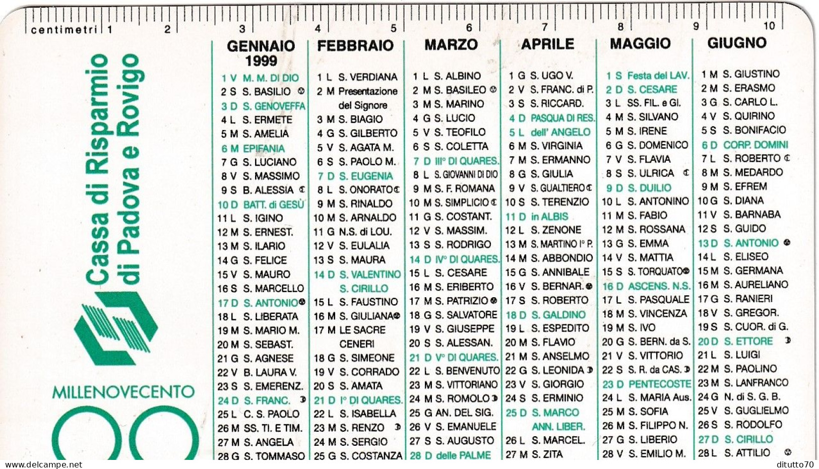 Calendarietto - Cassa Risparmio Di Padova E Rovigo - Anno 1999 - Small : 1991-00