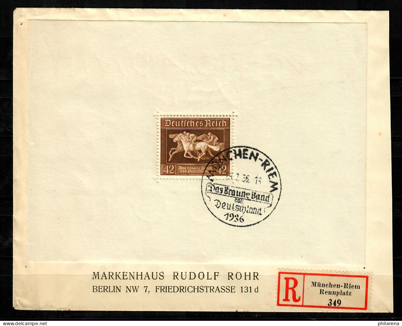 DR: Block 4, München Riem 1936, Braunes Band, Einschreiben - Storia Postale