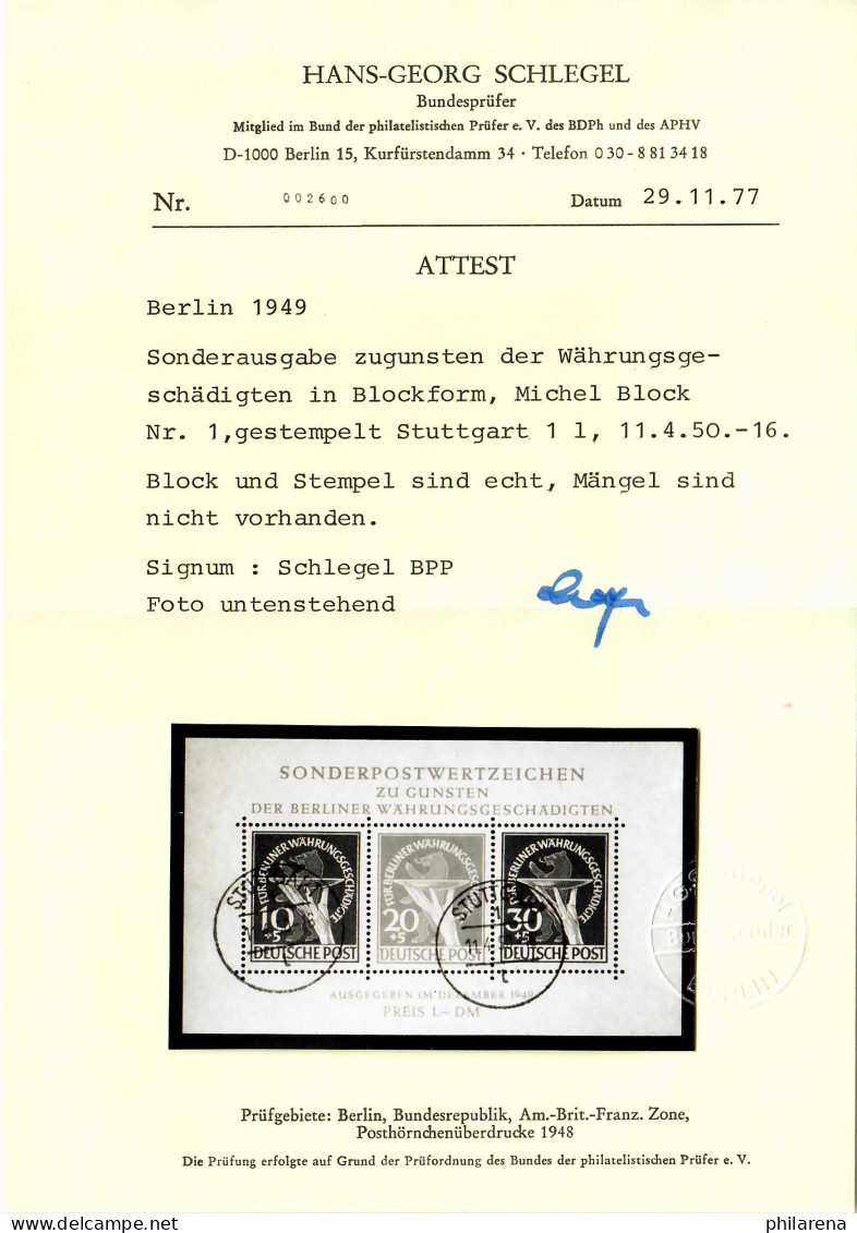 Berlin Block 1, Gestempelt Stuttgart 1950, BPP Attest - Used Stamps