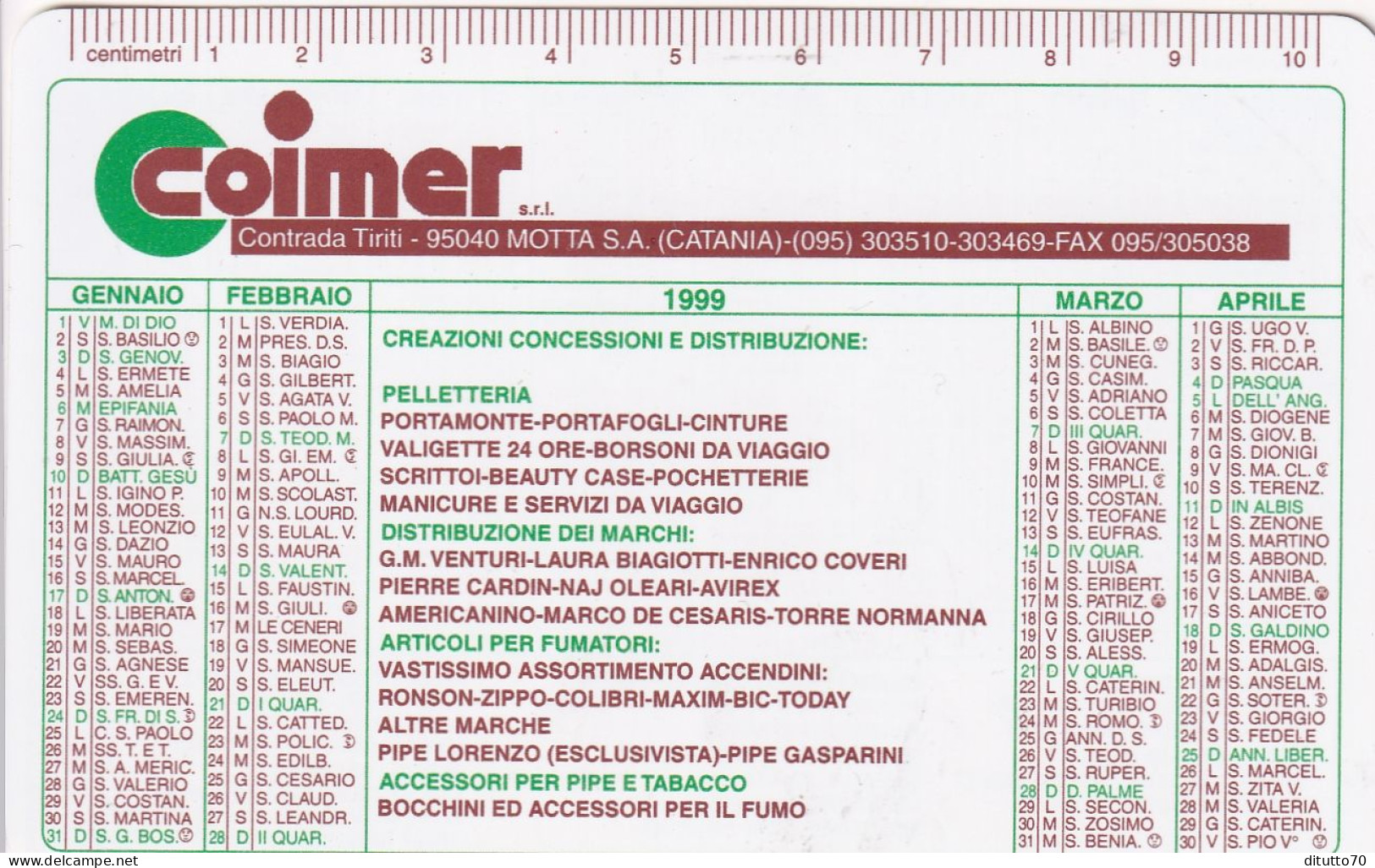 Calendarietto - Coimer - Motta S.a. - Catania - Anno 1999 - Small : 1991-00