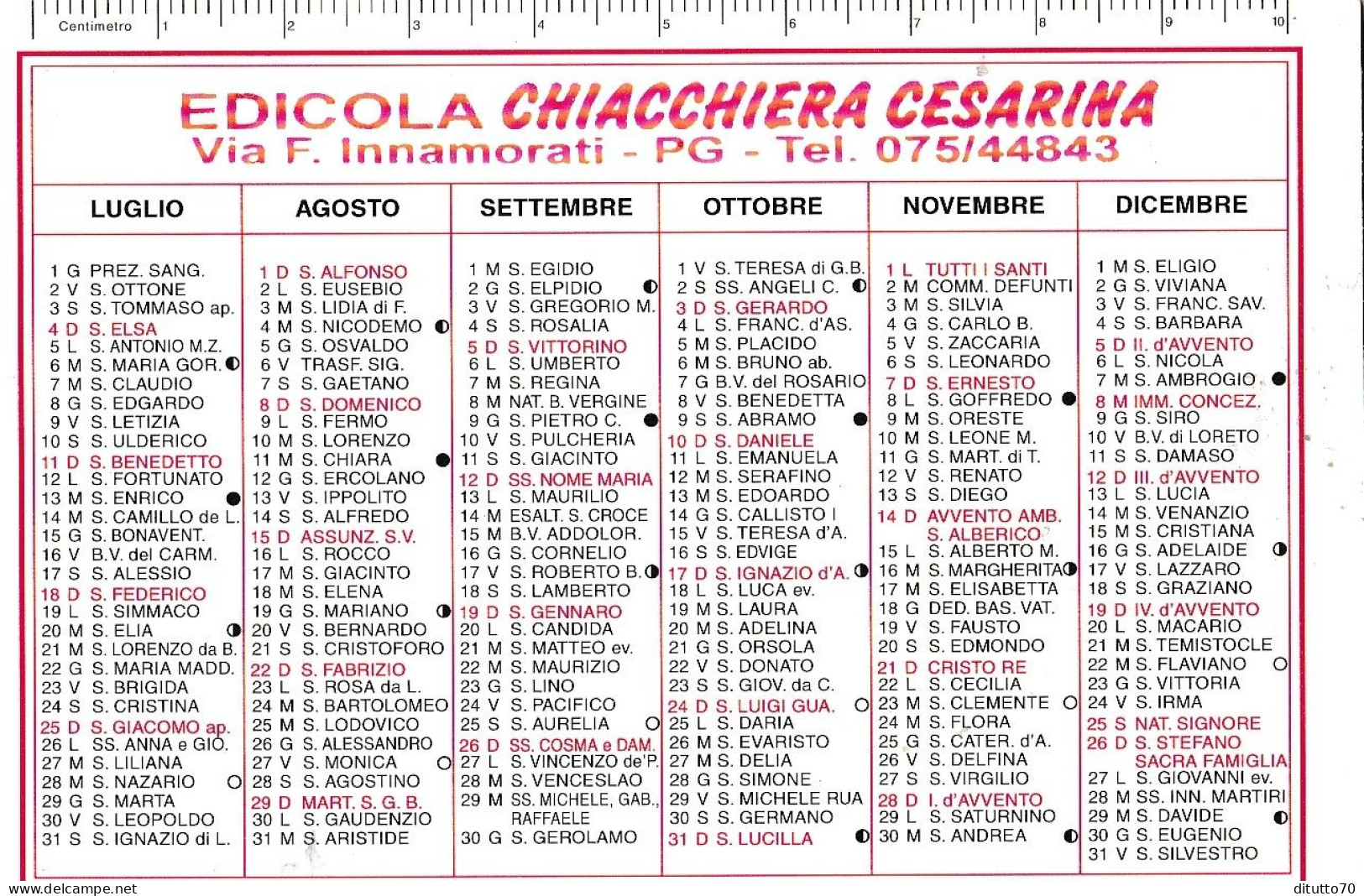 Calendarietto - Edicola Chiacchiera Cesarina - Perugia - Anno 1999 - Kleinformat : 1991-00