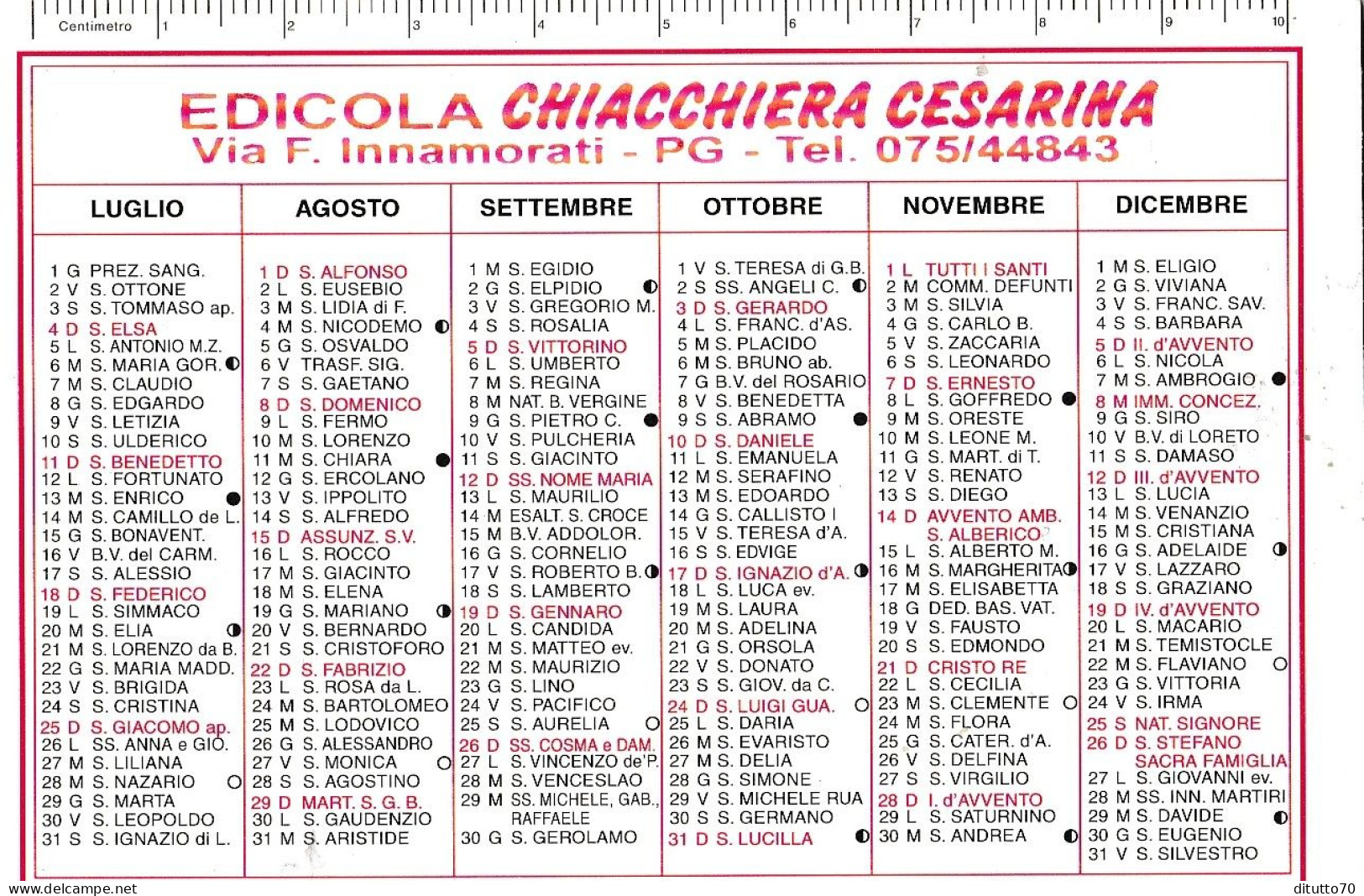 Calendarietto - Edicola Chiacchiera Cesarina - Perugia - Anno 1999 - Formato Piccolo : 1991-00