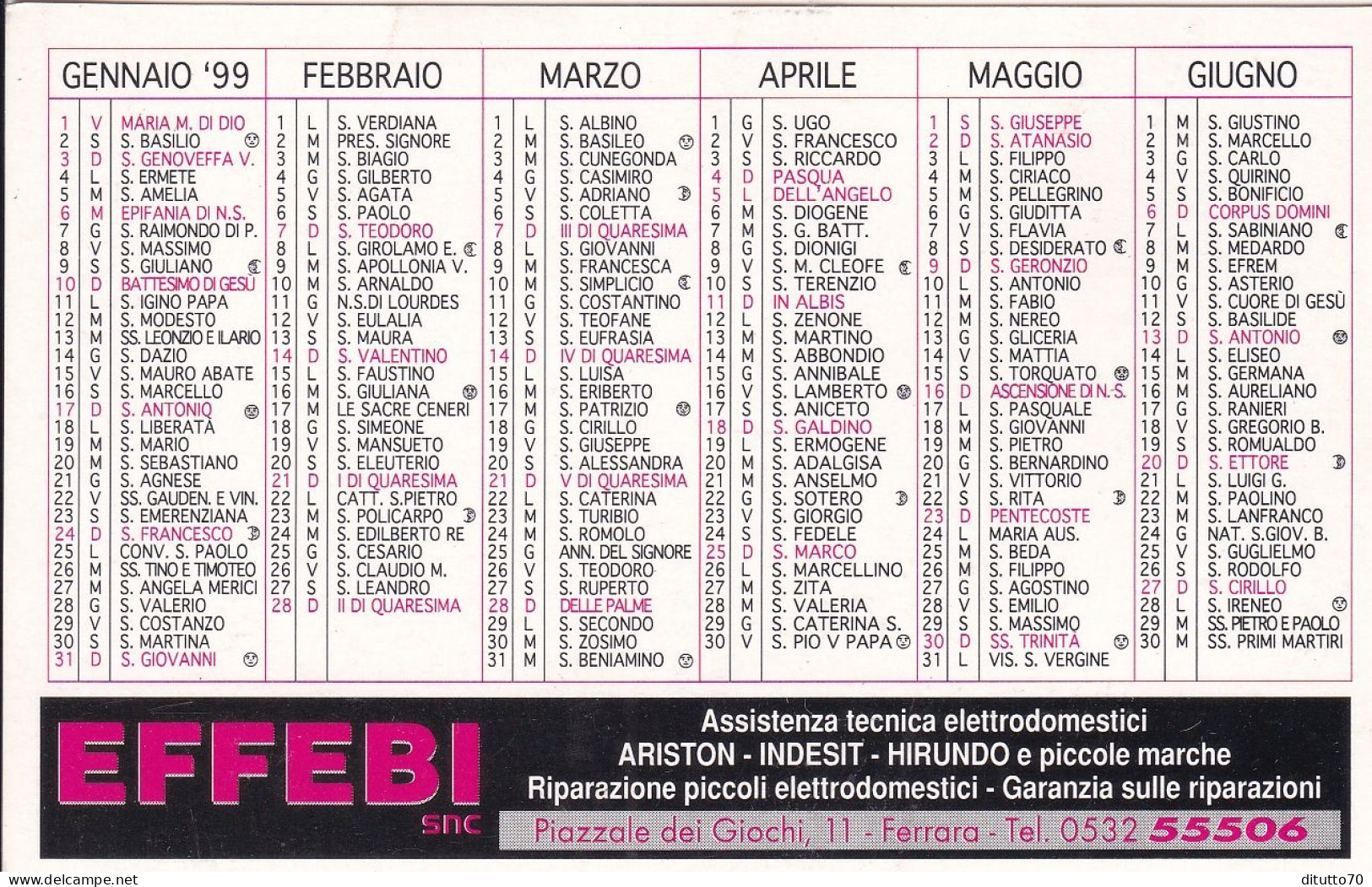 Calendarietto - EFFEBI - Ferrara - Anno 1999 - Formato Piccolo : 1991-00