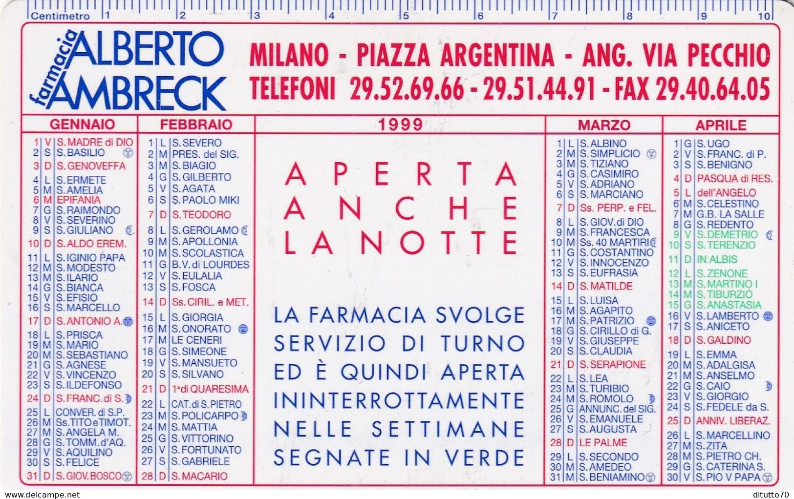 Calendarietto - Farmciia - Alberto Ambreck - Milano - Anno 1999 - Formato Piccolo : 1991-00