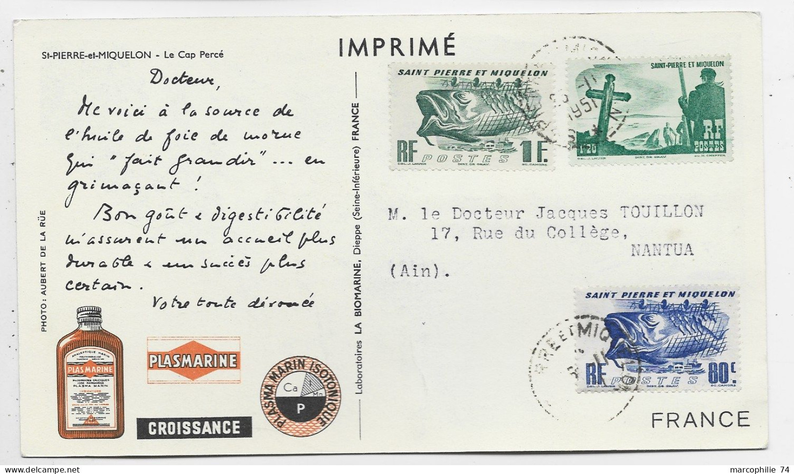 SAINT PIERRE ET MIQUELON 1FR+80C+1FR20 CARTE PUB PLASMARINE C. PERLE ST PIERRE 1951 - Cartas & Documentos