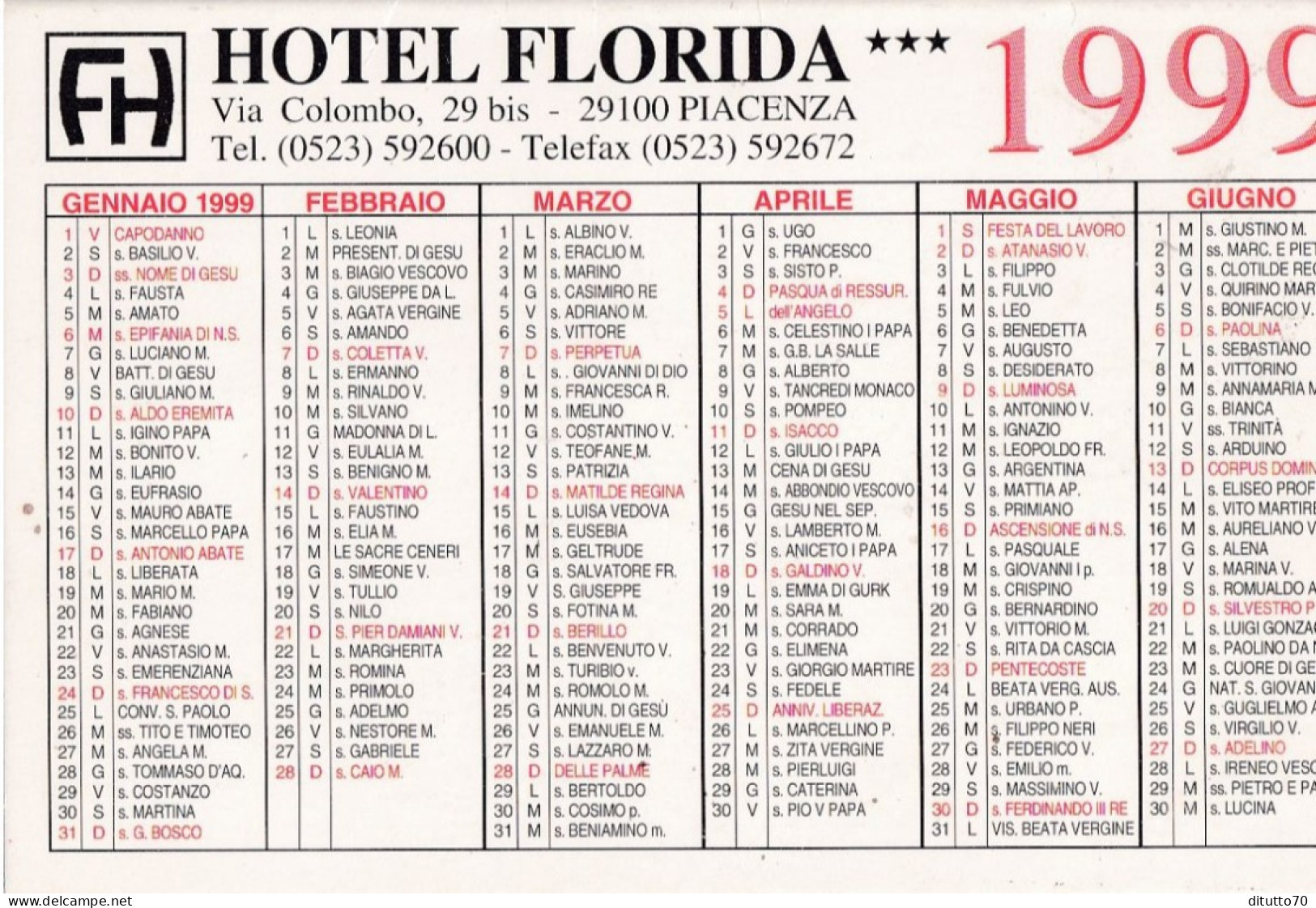 Calendarietto - Hotel Florida - Piacenza - Anno 1999 - Tamaño Pequeño : 1991-00