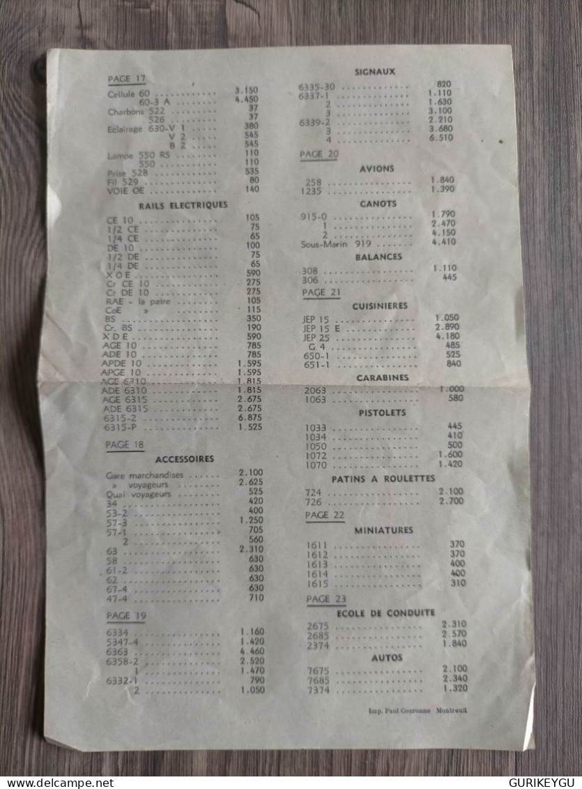 Page Tarif B7 TRAINS JEP Pour Catalogue 1957-1958 électrique Rail Transformateur Avion Accessoires Ecole De Conduite Etc - Sonstige & Ohne Zuordnung