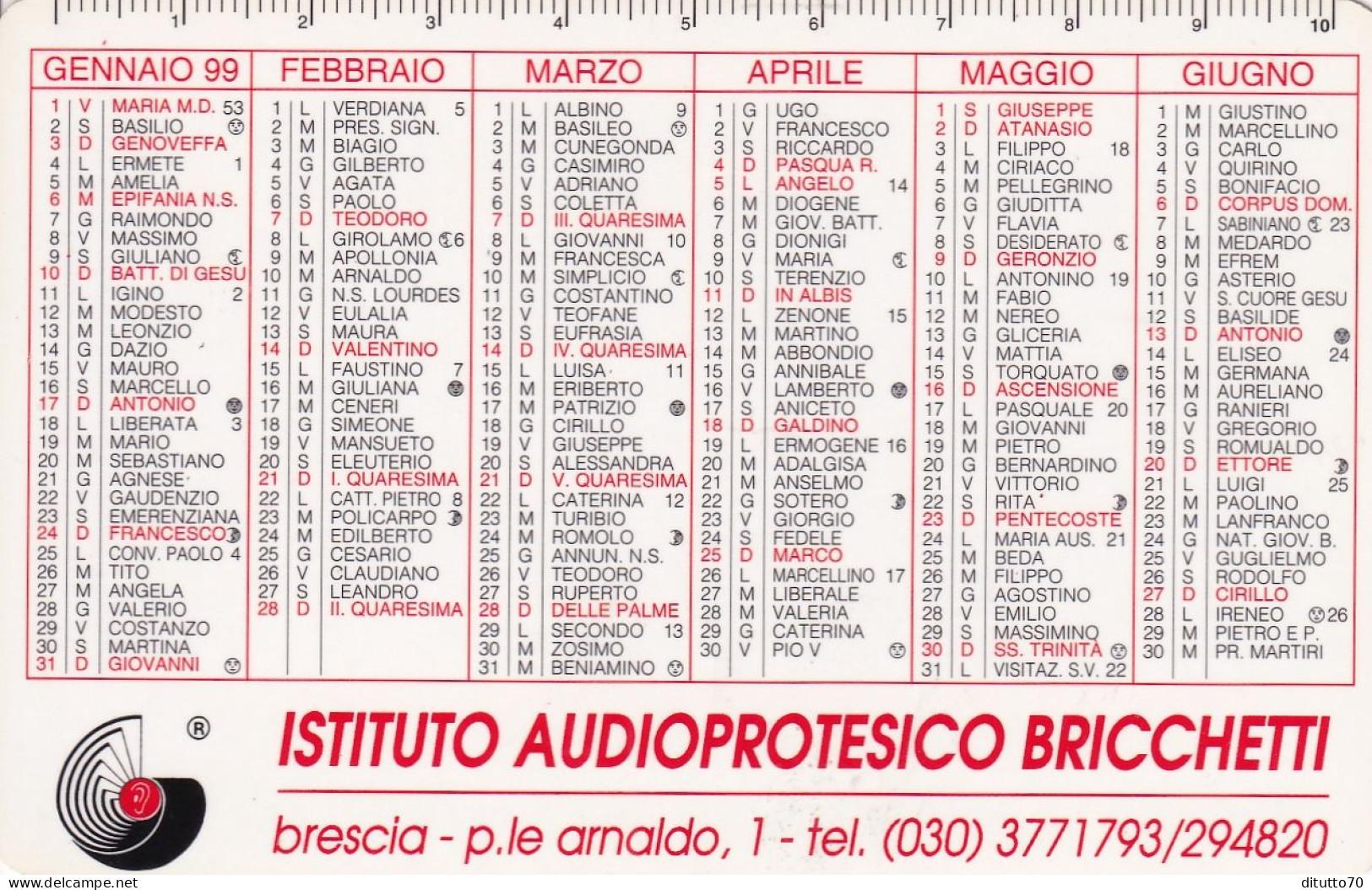 Calendarietto - Istituto Audioprotesico Bricchetti - Brescia - Anno 1999 - Formato Piccolo : 1991-00