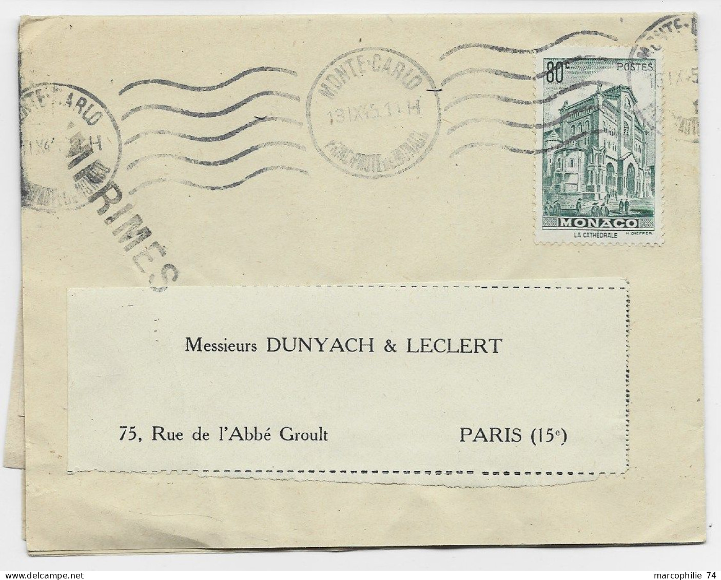 MONACO 80C SEUL LETTRE MONTE CARLO 1945 TARIF IMPRIME - Cartas & Documentos