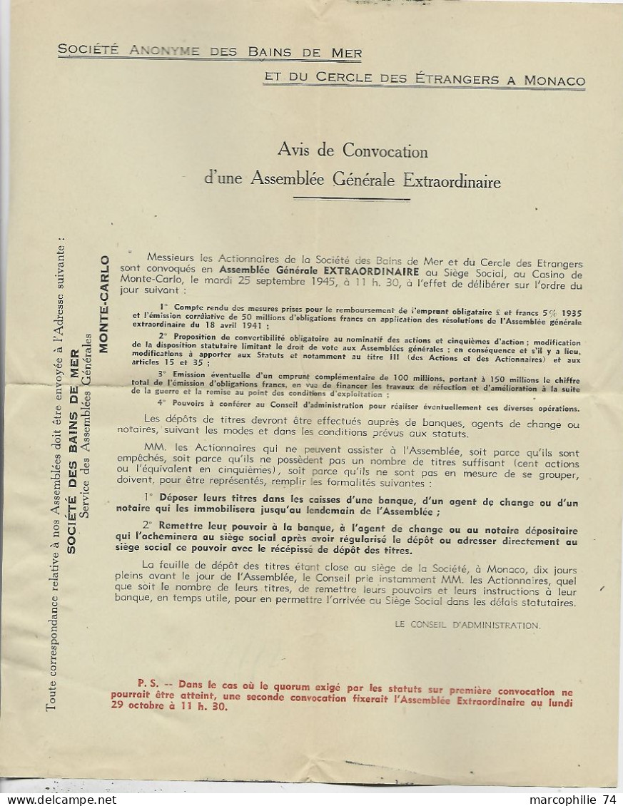 MONACO 80C SEUL LETTRE MONTE CARLO 1945 TARIF IMPRIME - Cartas & Documentos
