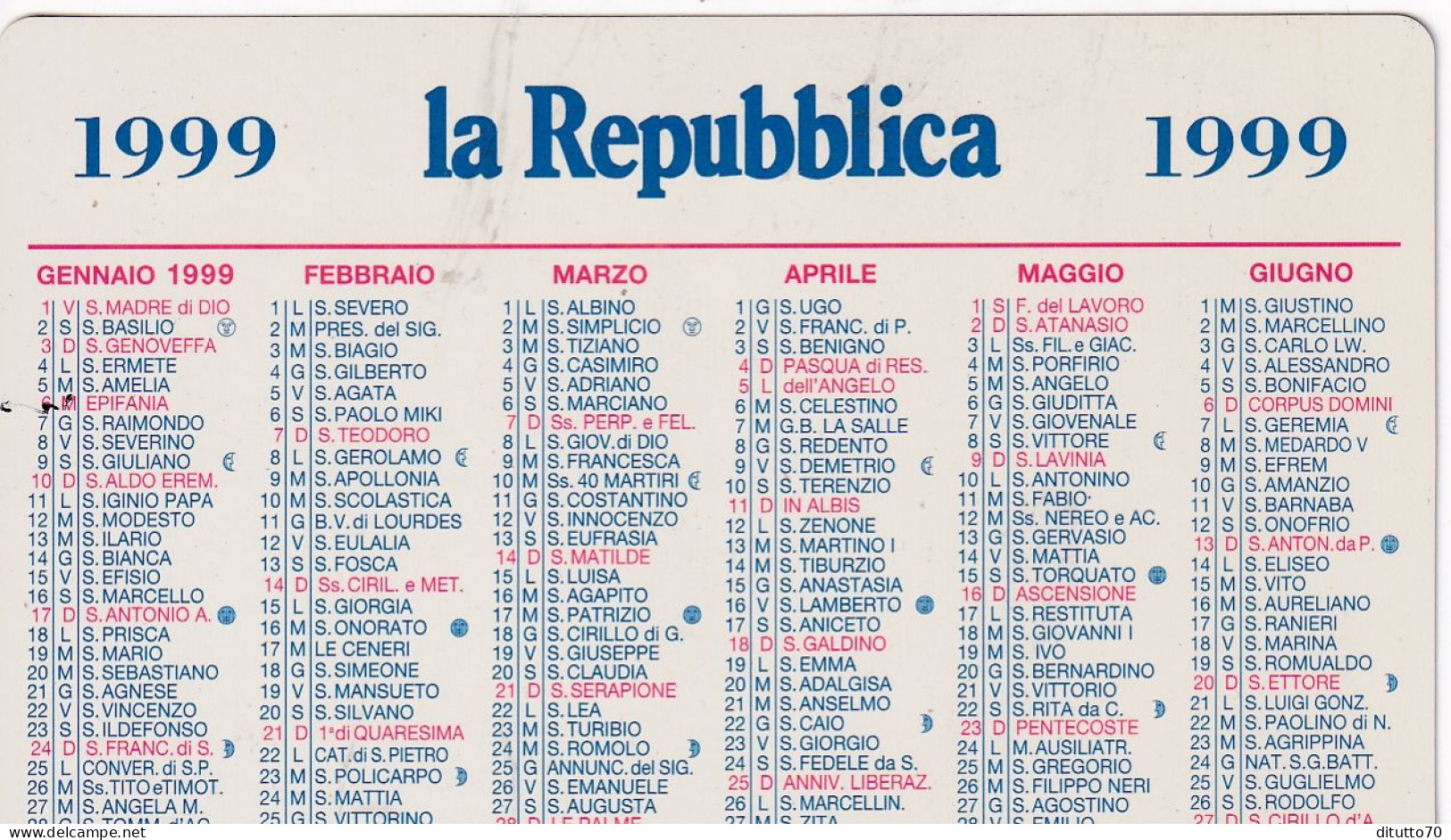 Calendarietto - La Repubblica -  Anno 1999 - Small : 1991-00