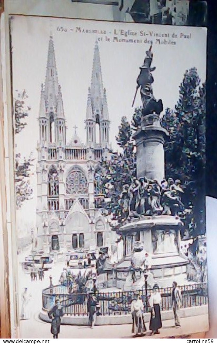 FRANCE MARSEILLE , Le Monument Des Mobiles & L' Eglise Saint Vincent De Paul TRAM, CPA ANIMEE  .N1920 JV6230 - Monumenti