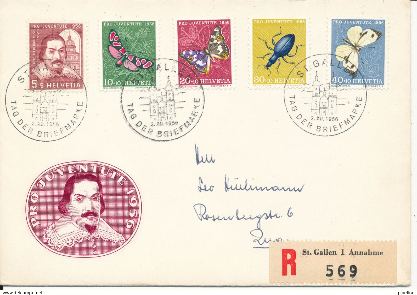 Switzerland Registered Cover St. Gallen Stamp's Day 2-12-1956 With Complete Set Pro Juventute 1956 BUTTERFLIES - Día Del Sello