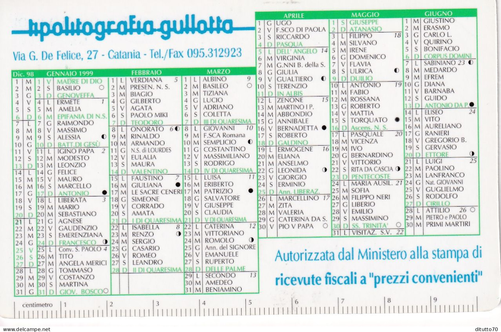 Calendarietto - Lipolitografia Gullotta - Catania - Anno 1999 - Tamaño Pequeño : 1991-00