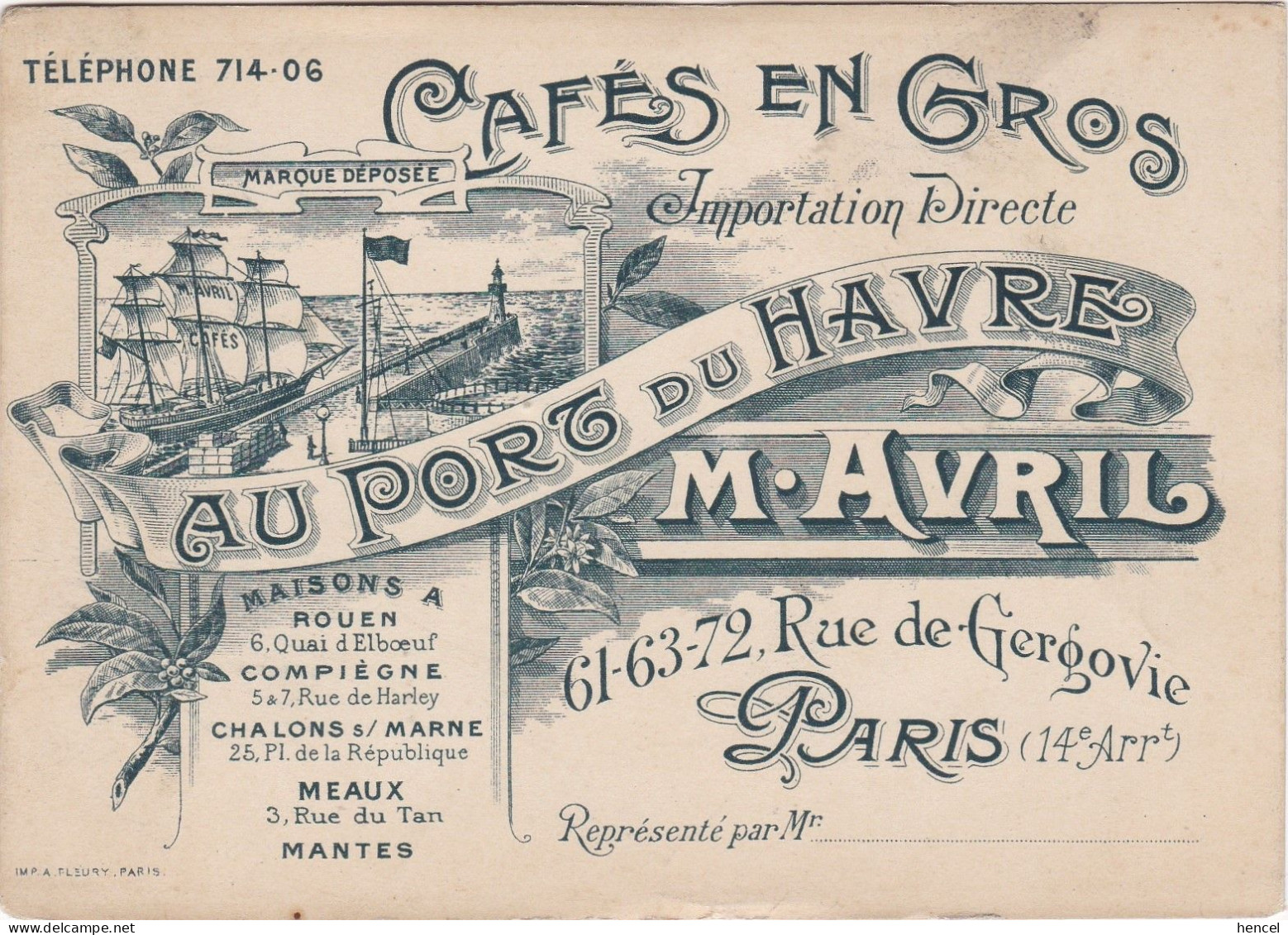 Cafés En Gros. Au Port Du HAVRE. M. AVRIL. PARIS 14 ème.Maisons à ROUEN.COMPIEGNE.CHALONS S/ MARNE.MEAUX.MANTES - Publicidad