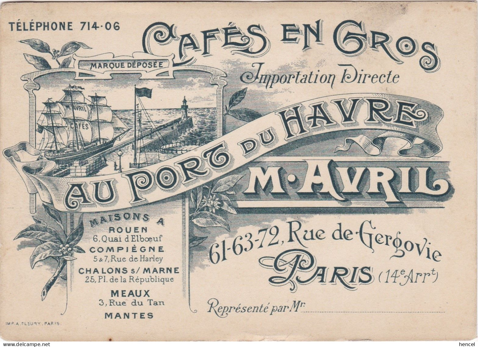 Cafés En Gros. Au Port Du HAVRE. M. AVRIL. PARIS 14 ème.Maisons à ROUEN.COMPIEGNE.CHALONS S/ MARNE.MEAUX.MANTES - Publicité