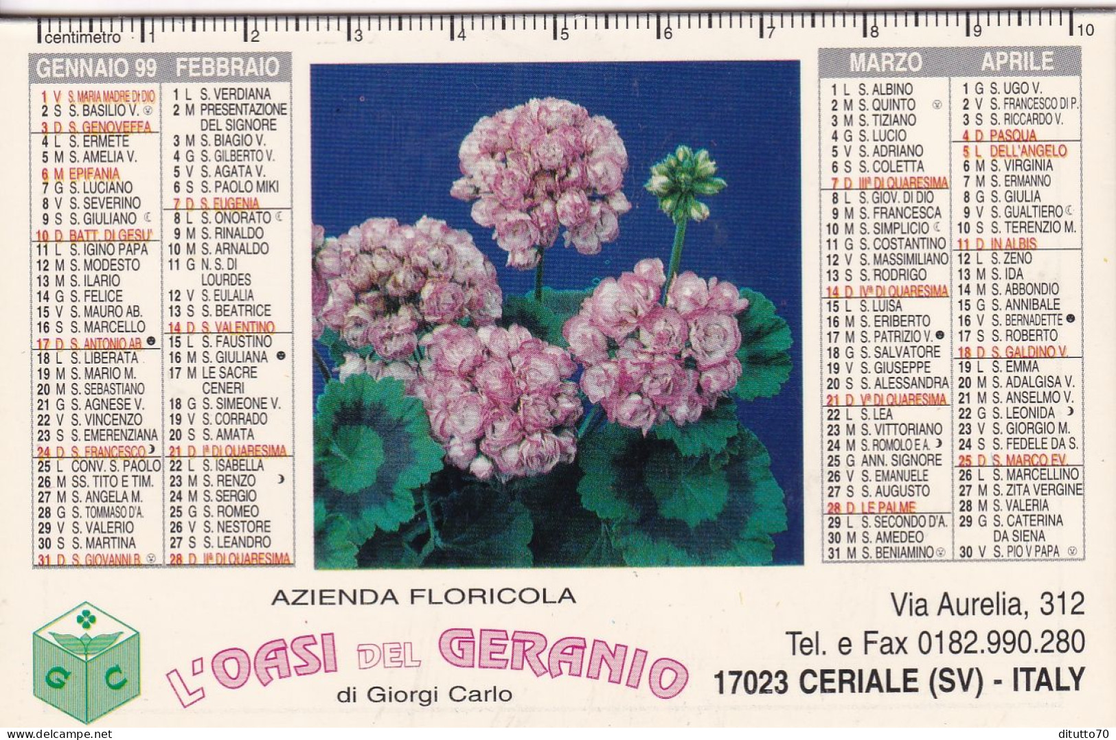 Calendarietto - L'oasi Del Geranio - Ceriale - Savona - Anno 1999 - Tamaño Pequeño : 1991-00