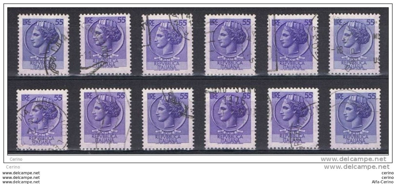 REPUBBLICA:  1968/76  TURRITA  FL. -  £. 55  VIOLETTO  US. -  RIPETUTO  12  VOLTE  -  SASS. 1077 - 1961-70: Used