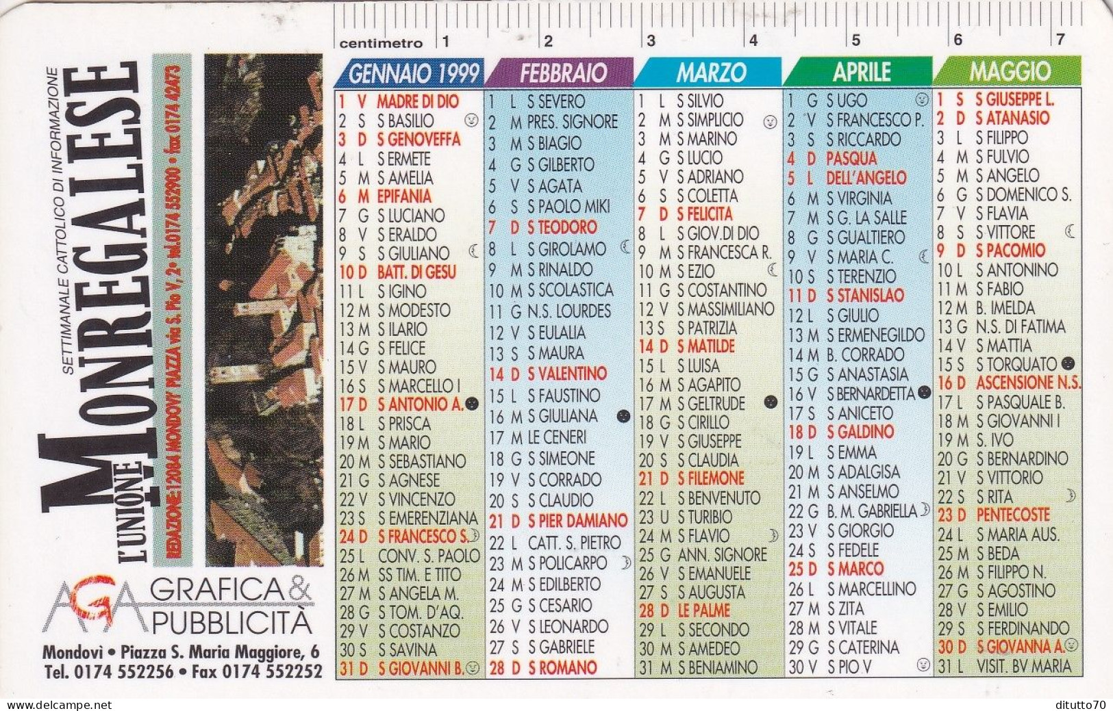 Calendarietto - L'unione Monregalese - Mondovi - Anno 1999 - Klein Formaat: 1991-00