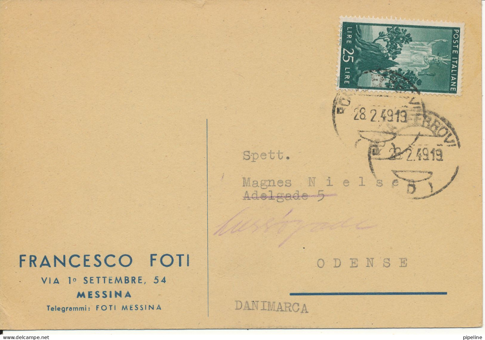 Italy Carte Postale Sent To Denmark 28-2-1949 Single Franked (1 Weak Corner Of The Card) - 1946-60: Marcophilia