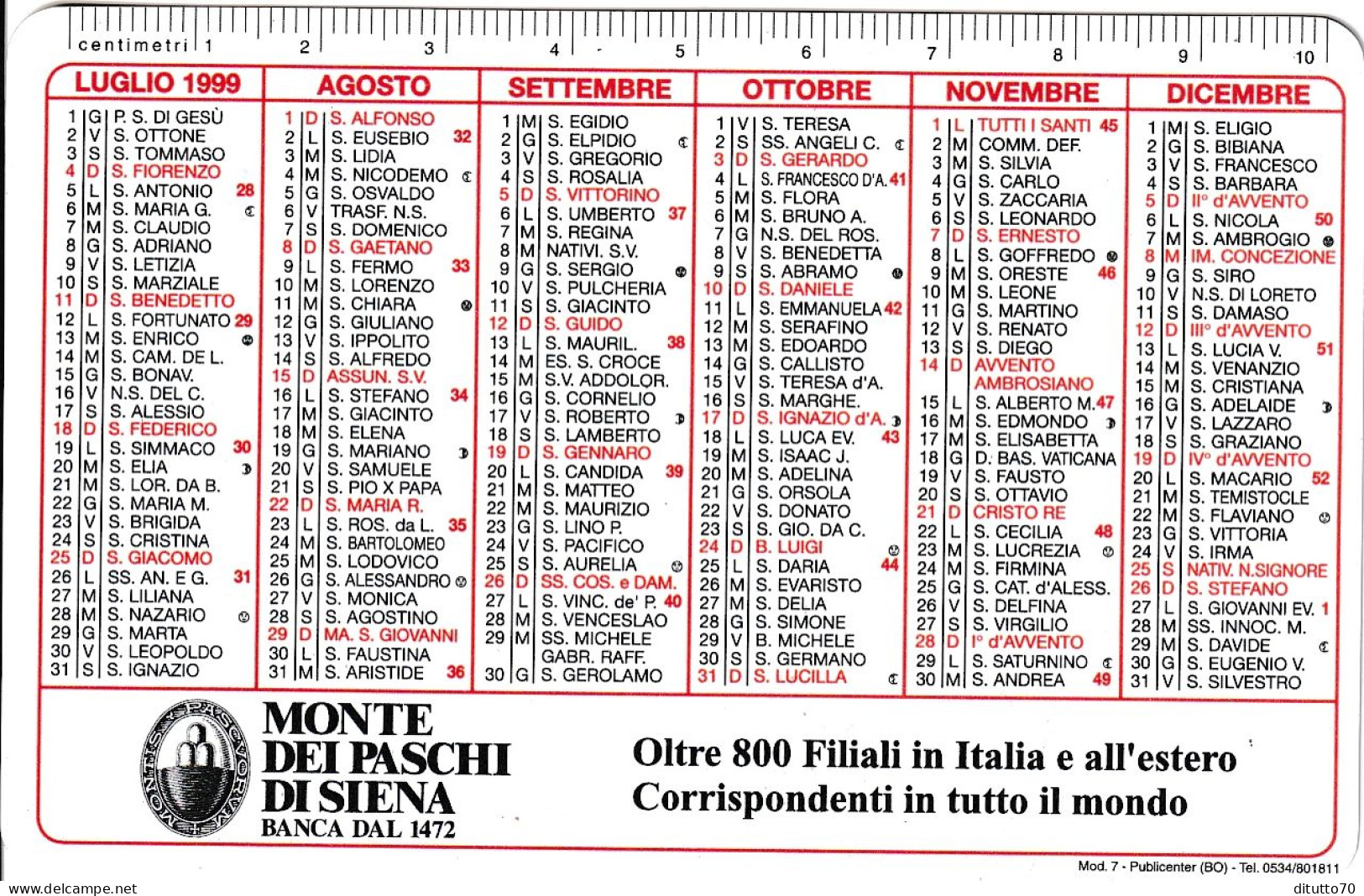 Calendarietto - Monte Dei Paschi Di Siena - Anno 1999 - Small : 1991-00