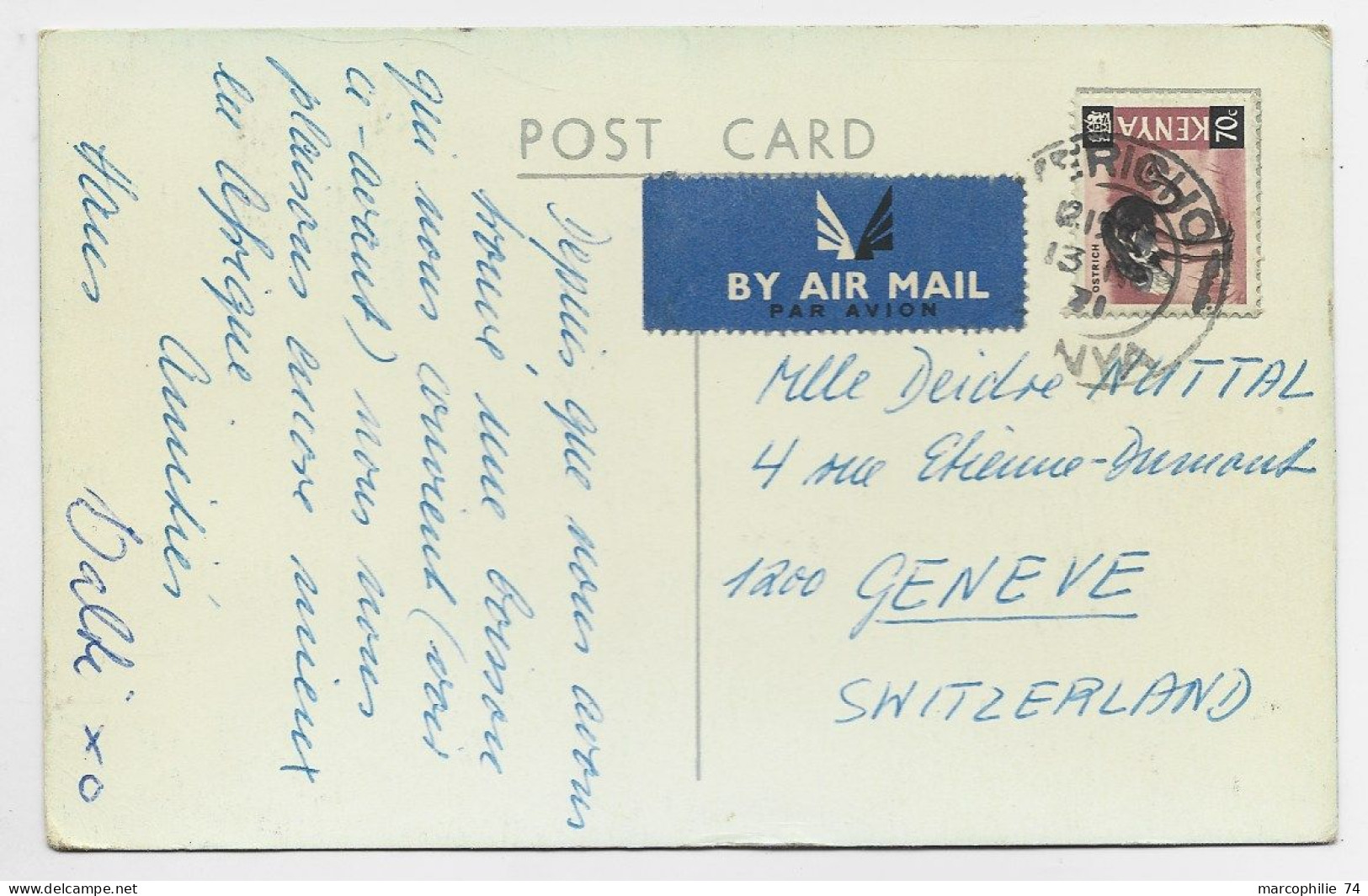 KENYA 70C SOLO CARD AVION TEA HOTEL KARICHO 1971 TO GENEVE - Kenia (1963-...)