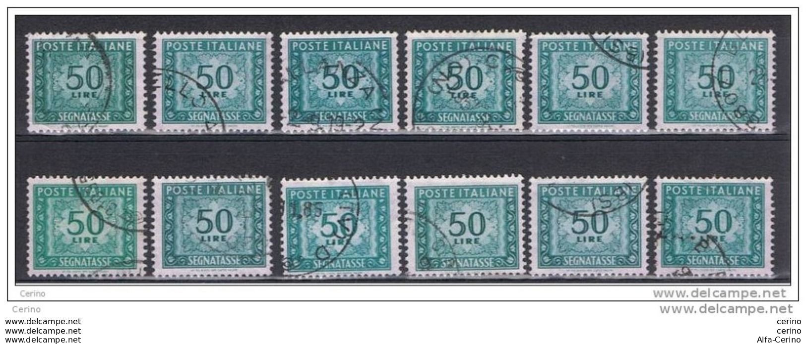 REPUBBLICA:  1955/81  TASSE  ST. -  £. 50  VERDE  AZZURRO  US. -  RIPETUTO  12  VOLTE  -  SASS. 118 - Strafport