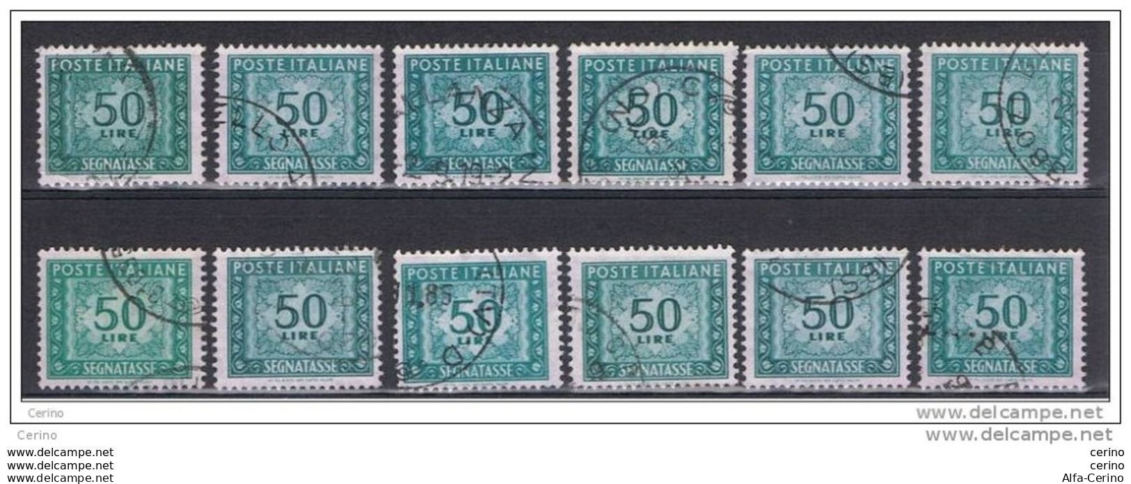 REPUBBLICA:  1955/81  TASSE  ST. -  £. 50  VERDE  AZZURRO  US. -  RIPETUTO  12  VOLTE  -  SASS. 118 - Taxe