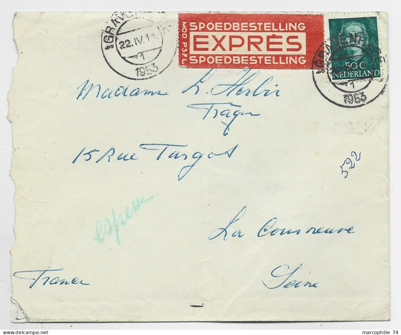 NEDERLAND 50C SOLO LETTRE COVER EXPRES GRAVENHAGUE 1953 TO FRANCE + PNEUMATIQUE EN ARRIVEE - Cartas & Documentos