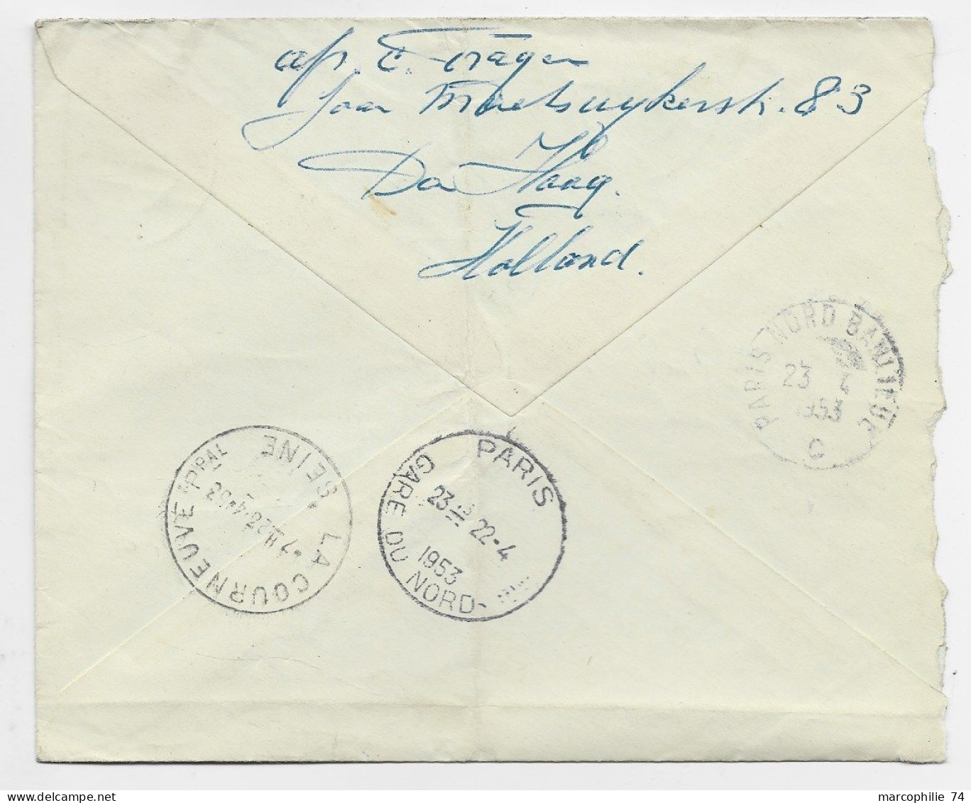 NEDERLAND 50C SOLO LETTRE COVER EXPRES GRAVENHAGUE 1953 TO FRANCE + PNEUMATIQUE EN ARRIVEE - Storia Postale