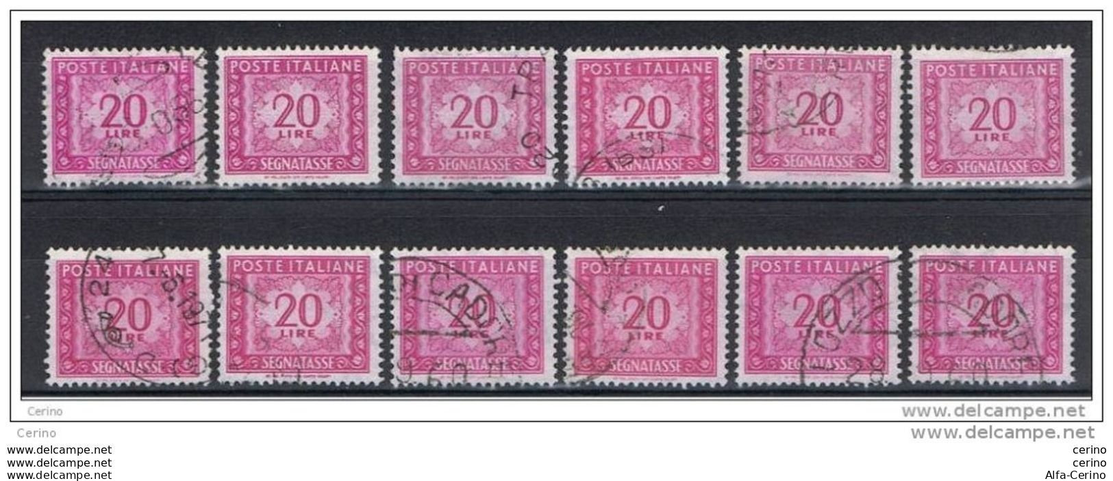 REPUBBLICA:  1955/81  TASSE  ST. -  £. 20  LILLA  ROSA  US. -  RIPETUTO  12  VOLTE  -  SASS. 114 - Taxe