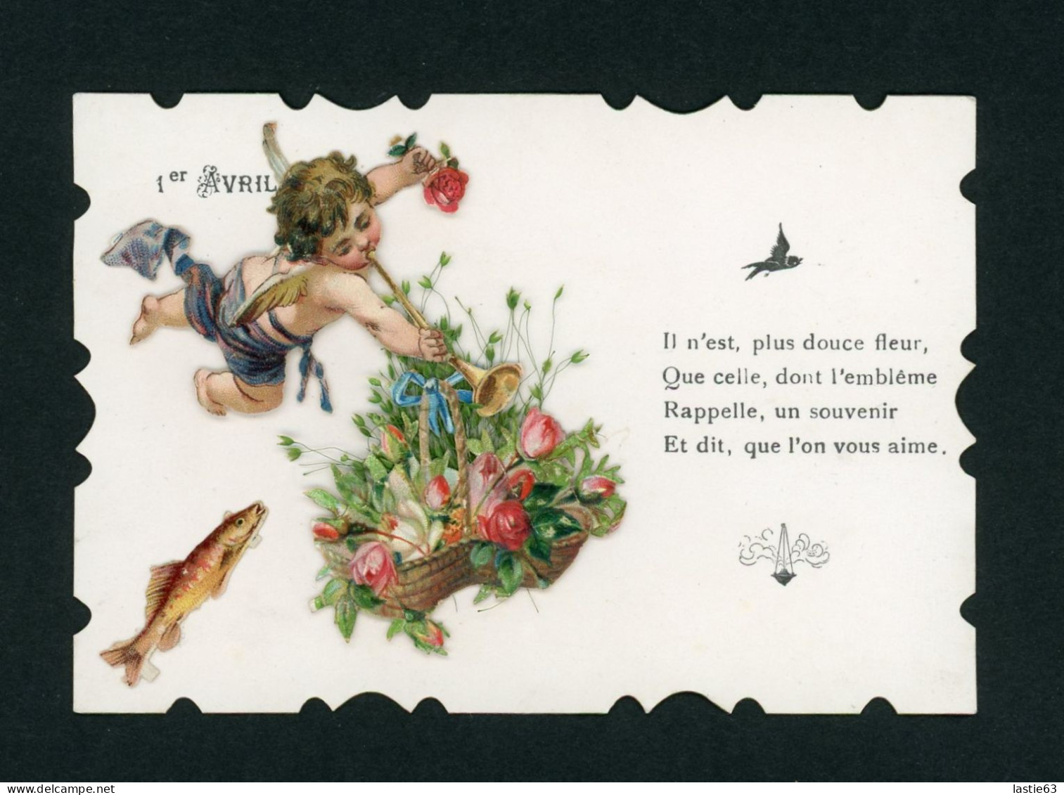 Carte De Premier Avril Avec Ajoutis Découpis Ange Angelot Panier De Fleurs Poisson Poème - 1° Aprile (pesce Di Aprile)