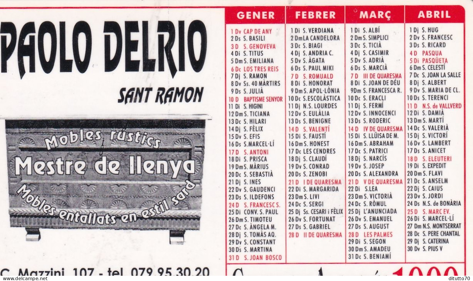 Calendarietto - Paolo Delrio - San Ramon - L'alguer - Anno 1999 - Klein Formaat: 1991-00